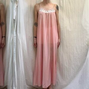 Pink and White Lace Nylon Maxi Nightgown Vintage 70s Coquette Mod
